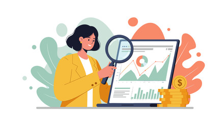Poster - Business analytics concept with magnifying glass and laptop for financial strategy design vector illustration