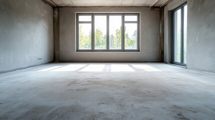 Poster - A spacious, empty modern room illuminated by natural light pouring through large windows, exemplifying minimalism and inviting possibilities for personal expression and design.