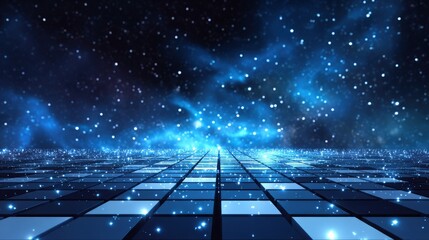 Poster - Futuristic Digital Night Sky with Bright Stars and Glowing Technological Grid