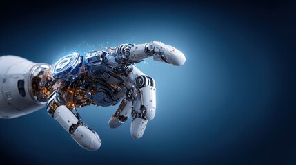 Aufkleber - Highly detailed futuristic robotic hand reaching out with intricate machinery design and glowing elements in a dark background