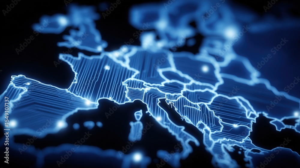 Illuminated Digital Map of Europe with Network Connections and Country ...