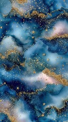 Poster - Abstract watercolor background with gold glitter and starry accents