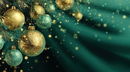 Poster - Elegant Christmas ornaments hanging on a festive green background with sparkling lights