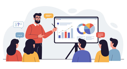 Poster - Business presentation meeting with graphs and charts in office setting vector illustration