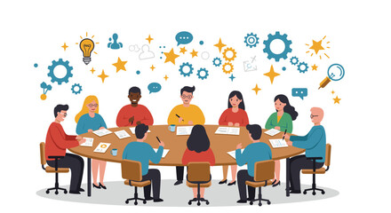 Poster - Collaborative team meeting in creative office environment for business strategy vector illustration