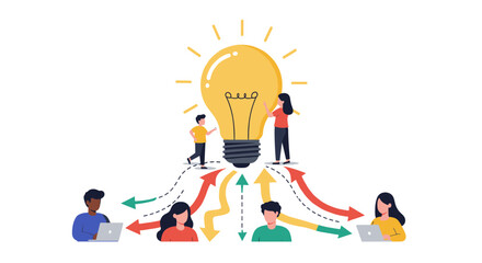Poster - Collaboration and idea sharing concept with diverse team and light bulb illustration vector illustration