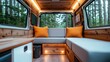 © Larisa AI - A beautifully designed van interior showcasing wooden features and soft lighting, creating a warm and inviting atmosphere for travelers and adventurers alike.