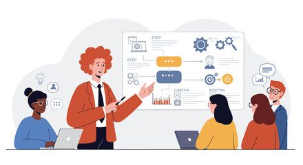 Poster - Business strategy meeting concept with diagram analysis for team collaboration and presentation design vector illustration