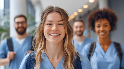Poster - Smiling diverse group of young students in medical uniforms standing in hallway