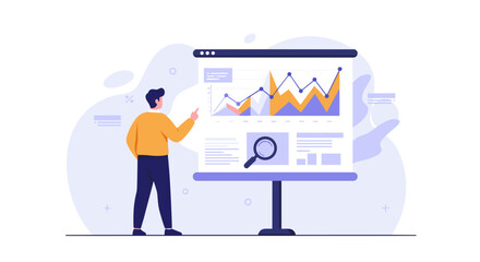 Poster - Data analysis concept with businessman examining graphs on presentation screen for analytics and strategy vector illustration