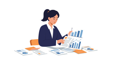 Poster - Businesswoman analyzing financial data with graphs and documents for strategic planning vector illustration