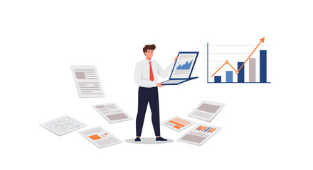 Poster - Business analytics presentation with data visualizations and professional office documents vector illustration