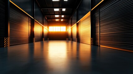 Poster - The captivating image of a warehouse interior illuminated by a warm sunset glow through large windows, creating dramatic light and shadow effects, evoking nostalgia and intrigue.