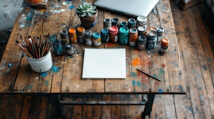 Poster - This vibrant artist's studio reveals an organized yet colorful chaos of paint bottles and tools, showcasing the creativity and expression that defines the art-making process.