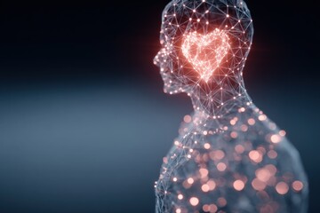 Fototapete - Digital portrait of a human figure with a glowing heart inside the head symbolizing love and emotion in a futuristic style