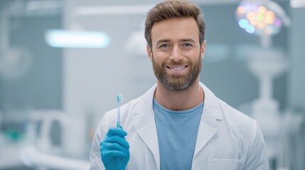Aufkleber - Friendly male scientist holding a test tube in laboratory with bright lighting and scientific equipment