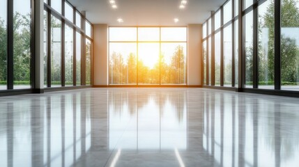 Poster - An empty, beautifully lit room showcases modern architecture, large glass windows letting in sunlight, creating a serene atmosphere ideal for relaxation or creativity.