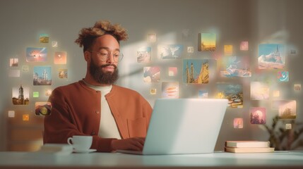 Poster - Young Man with Beard Using Laptop Surrounded by Floating Colorful Digital Images
