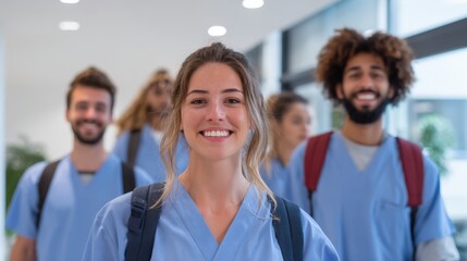 Poster - Diverse group of young students in medical uniforms smiling together in classroom