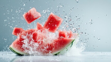 Poster - An artistic capture of a watermelon bursting dramatically into pieces, sending juicy chunks flying and creating a stunning splash against a soft background.