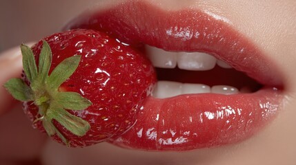 Poster - Close-up of woman biting a fresh ripe strawberry revealing shiny lips and teeth