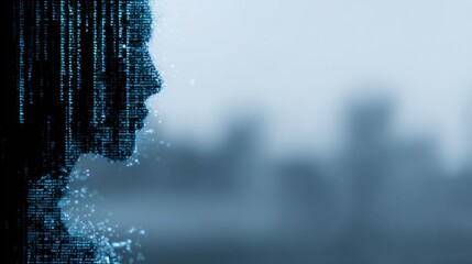 Fototapete - Digital face made of blue pixelated data points with futuristic artificial ligence theme