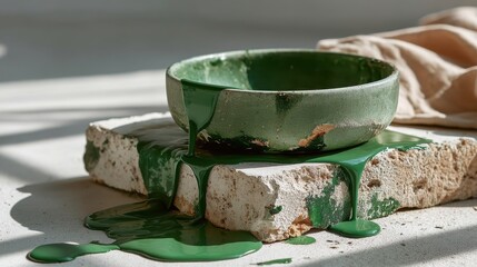 Poster - A ceramic bowl filled with vibrant green paint spills elegantly onto textured surfaces, creating a striking visual representation of creativity and artistic flow in a beautifully lit setting.