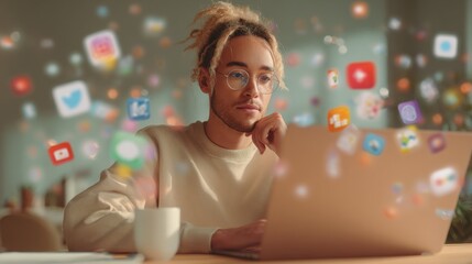 Aufkleber - Young man using laptop with floating social media icons in a modern home office