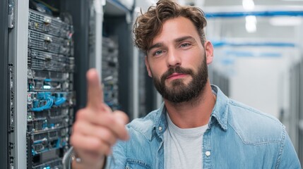 Poster - Male technician inspecting server room with rack-mounted equipment in data center