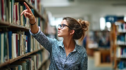 Poster - Woman Selecting and Browsing Books in a Library with Shelves Full of Literature