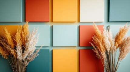 Poster - A modern wall decor arrangement features colorful canvas panels adorned with elegant dried flowers, perfect for contemporary home styling that adds vibrancy and warmth to any space.