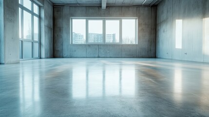 Poster - A spacious modern room featuring concrete walls and large windows that flood the space with natural light, creating a minimalist aesthetic perfect for various creative uses.