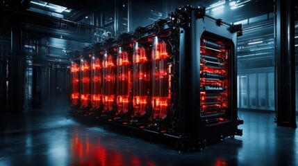 Poster - A striking, futuristic battery power storage system illuminated in red tones within a high-tech environment, conveying the advancement of energy technology and sustainability.
