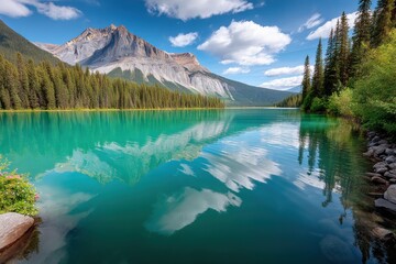Poster - Pristine mountain lake surrounded by lush green forests on a clear sunny day with towe peaks and vibrant blue sky reflection