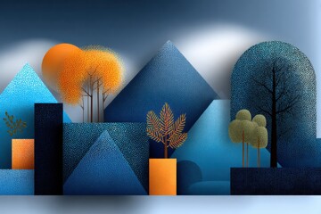 Aufkleber - Abstract geometric landscape with stylized trees in vibrant blue orange and green tones, minimalist modern design, digital art scene