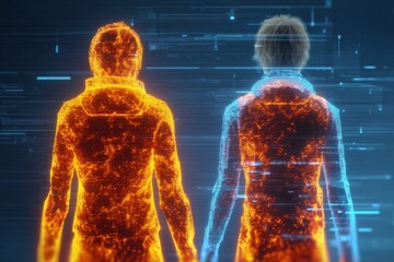 Poster - Futuristic Digital Network Concept Showing Two Human Figures Connected by Glowing Data Streams in a High-Tech Environment