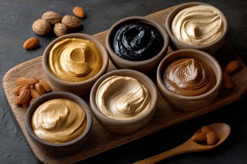 Aufkleber - Assorted Flavored Ice Creams in Small Bowls on Wooden Board, Variety of Toppings and Textures for Dessert and Food Presentation