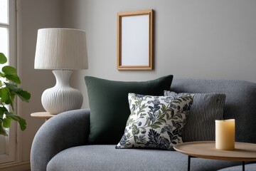 Poster - Cozy Modern Living Room Sofa with Decorative Pillows and Warm Candle Near Wooden Side Table and Framed Mirror on Light Gray Wall
