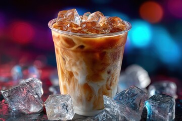 Poster - Refreshing cold coffee beverage with milk and ice cubes served in a glass with colorful blurred background for summer refreshment and cool drinks