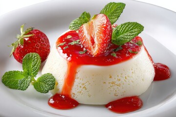 Aufkleber - Delicious creamy vanilla panna cotta dessert topped with fresh strawberries strawberry sauce and mint leaves on white plate