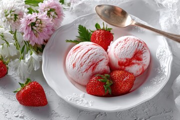Aufkleber - Delicious strawberries and creamy ice cream dessert with fresh fruit garnishes served on an elegant plate with a spoon and pink flowers in the background