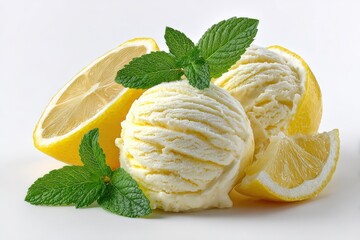 Aufkleber - Refreshing Lemon Ice Cream Scoops with Fresh Lemon Wedges and Mint Leaves on a White Background