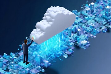 Poster - Businessman interacting with cloud computing technology and digital data transfer in a futuristic connected cityscape visual representing cloud services and digital infrastructure