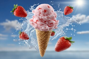 Aufkleber - Refreshing pink strawberry ice cream cone with fresh strawberries splashing in the air on a bright sunny day against a cloudy sky background