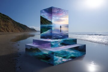 Poster - Surfer Standing on Beach with Artistic 3D Cube Displaying Ocean Waves and Coastal Landscape at Sunset by the Sea