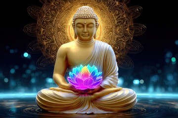 Aufkleber - Meditating Buddha statue holding a glowing pink and purple lotus flower with intricate golden mandala background and bokeh light effects