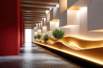 Poster - Modern interior design with decorative wall lighting, textured wall panels, illuminated wavy decor, wooden ceiling, marble floo, and greenery accents
