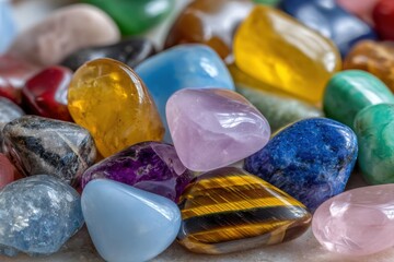 Poster - Vibrant Assortment of Smooth Polished Colorful Semi-Precious Gemstones and Tumbled Stones in Various Shapes and Bright Colors
