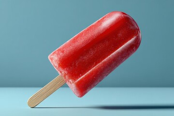 Aufkleber - Bright Red Frozen Ice Cream Popsicle with Smooth Texture and Wooden Stick on Solid Blue Background for Summer Refreshment