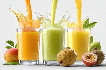Poster - Freshly Squeezed Fruit Juices in Clear Glasses with Splash Effect and Assorted Fruits Including Mango, Passion Fruit, Peach, and Green